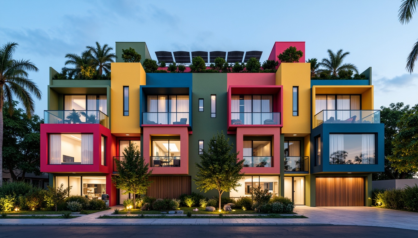 Prompt: Vibrant residential facade, eclectic mix of materials, bold color blocking, irregular shape formations, modern minimalist aesthetic, large floor-to-ceiling windows, sliding glass doors, cantilevered balconies, lush green walls, living roofs, solar panels, natural stone cladding, wooden accents, metallic frames, dynamic lighting systems, warm ambient glow, 1/1 composition, shallow depth of field, soft focus effect.