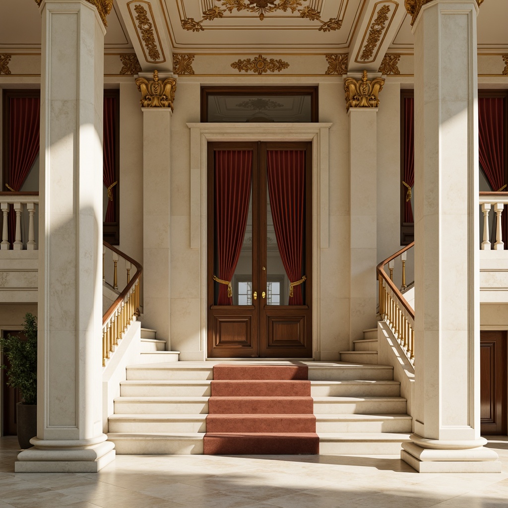 Prompt: Elegant neoclassical facade, creamy white marble columns, ornate detailing, symmetrical composition, grand entranceways, sweeping staircases, polished bronze door handles, luxurious velvet drapes, rich wood paneling, intricate moldings, subtle texture variation, warm golden lighting, shallow depth of field, 1/2 composition, classical proportions, ornate ceiling decorations, subtle color palette, realistic material textures, ambient occlusion.