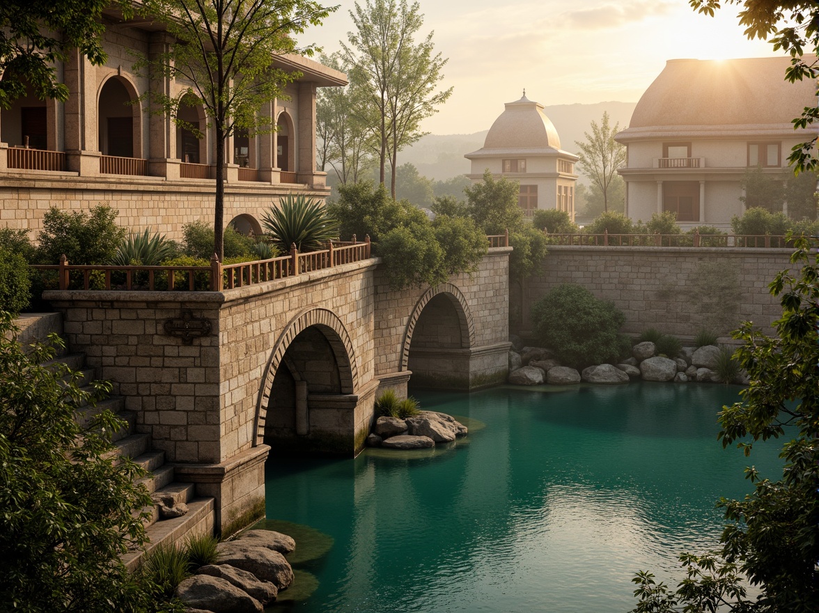 Prompt: Ancient stone bridges, warm beige arches, ornate golden accents, rich turquoise waters, misty atmospheric lighting, soft warm sunset, rustic wooden railings, intricate stonework patterns, moss-covered stonewalls, weathered bronze fixtures, ornamental ironwork, majestic river views, tranquil water reflections, gentle lapping waves, serene natural surroundings, vibrant greenery, lush vegetation, ancient historical landmarks, grandiose architectural style, imposing structural elements, dramatic shadows, warm earthy tones.