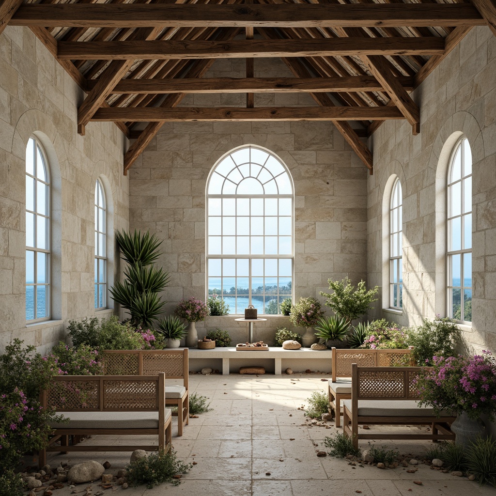 Prompt: \Seaside coastal church, driftwood accents, weathered stone walls, ocean-inspired stained glass windows, nautical-themed pews, soft blue and white color palette, natural fiber textiles, woven wicker furniture, sea salt air, misty morning light, subtle wave patterns, 1/2 composition, atmospheric perspective, warm beige sand, beach pebbles, shells, seaweed, coastal flowers, gentle ocean breeze, serene ambiance, soft focus, shallow depth of field.\