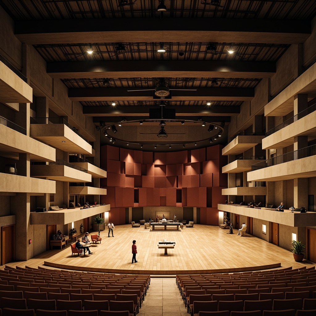 Prompt: Geometric Bauhaus-style auditorium, rectangular shapes, industrial materials, exposed ductwork, minimalist decor, functional seating, wooden floors, acoustic panels, sound-absorbing textiles, tiered seating, elevated stage, dramatic lighting, spotlights, warm color palette, brutalist architecture, raw concrete walls, steel beams, modernist design, asymmetrical composition, dynamic shadows, high-contrast lighting, shallow depth of field, 2/3 composition, realistic reflections, ambient occlusion.