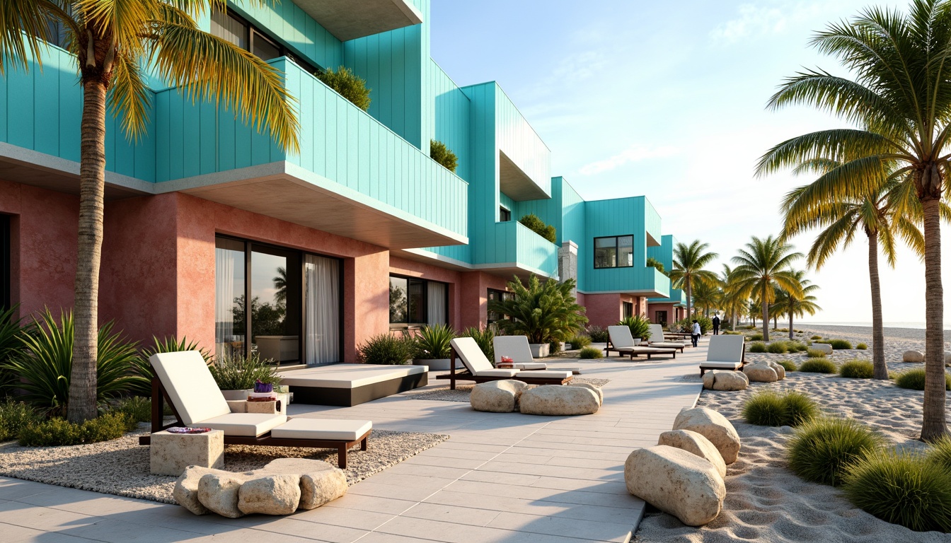 Prompt: Vibrant beachside buildings, turquoise accents, coral-inspired hues, sandy neutrals, ocean blue roofs, driftwood textures, nautical themed decorations, seashell patterns, tropical palm trees, salty air atmosphere, warm sunny days, soft golden lighting, shallow depth of field, 1/1 composition, symmetrical architecture, modern coastal design, large glass windows, sliding doors, outdoor patio furniture, beachy ambiance, realistic ocean sounds, misty morning effects.