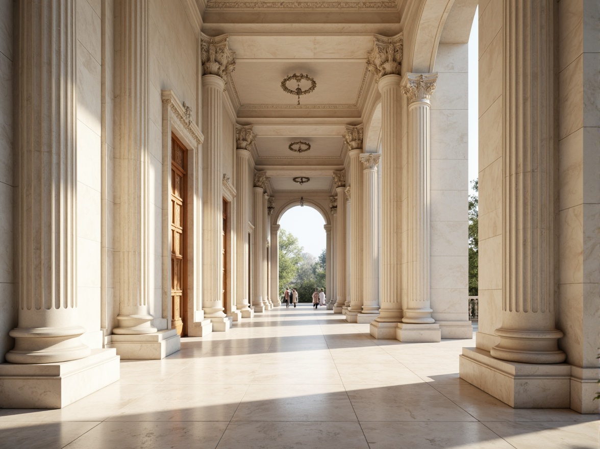 Prompt: Elegant columns, classical architecture, marble textures, ornate capitals, symmetrical composition, grand entrance, stately atmosphere, natural light pouring in, subtle shadows, refined details, luxurious materials, cream-colored walls, polished floors, majestic scale, harmonious proportions, 1/1 aspect ratio, softbox lighting, realistic reflections.