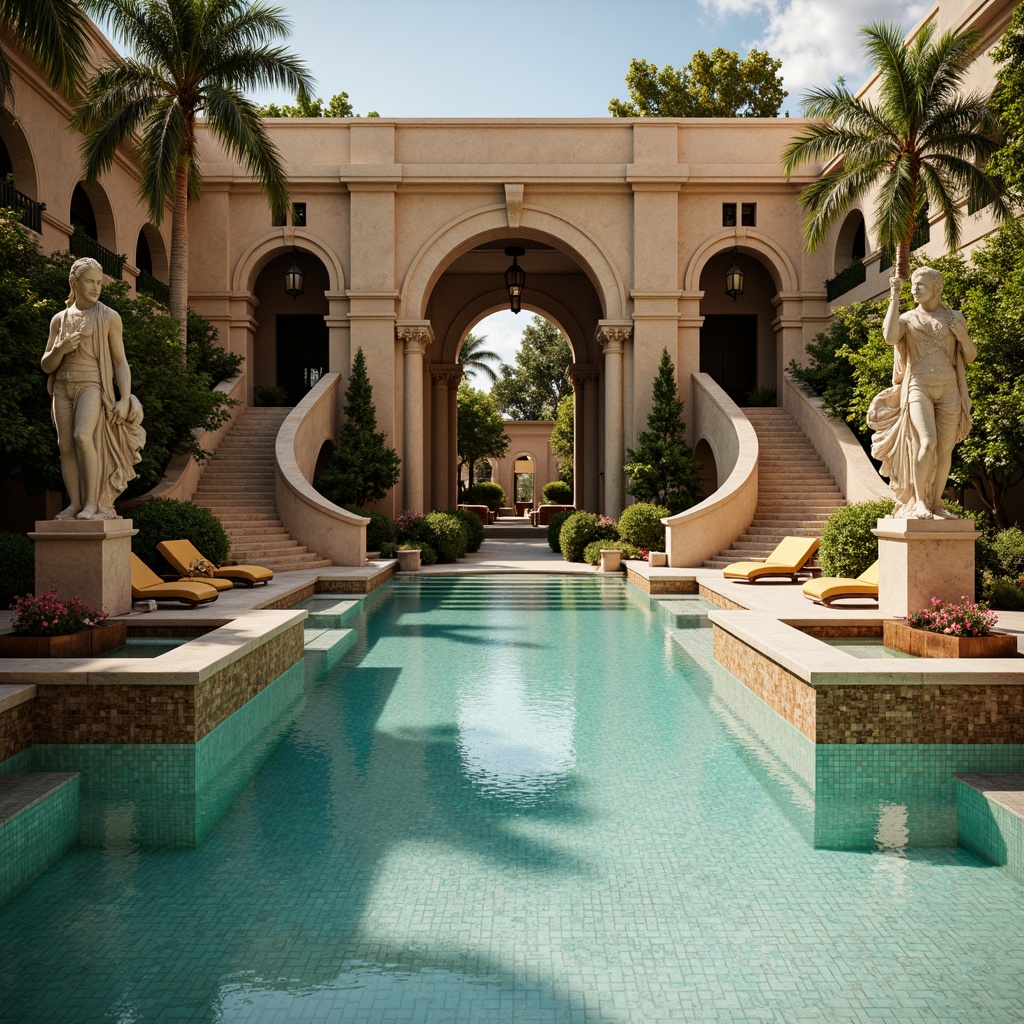 Prompt: Luxurious swimming pool, ornate fountain features, intricately carved stone statues, gilded accents, grand staircases, sweeping archways, lavish mosaics, turquoise water, sun-kissed deck, ornamental lanterns, classical columns, curved lines, symmetrical composition, dramatic lighting, warm golden tones, high-contrast shadows, detailed textures, ambient occlusion.