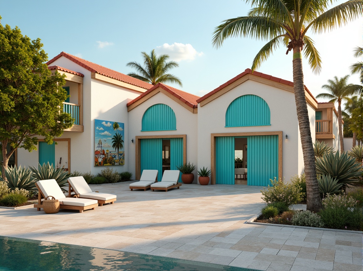 Prompt: Vibrant beachside villas, pastel-colored walls, turquoise accents, coral-inspired roofs, driftwood decorations, ocean-blue shutters, sandy-beige facades, coastal-themed murals, seashell-adorned doors, warm tropical lighting, shallow depth of field, 1/2 composition, soft focus, realistic textures, ambient occlusion.