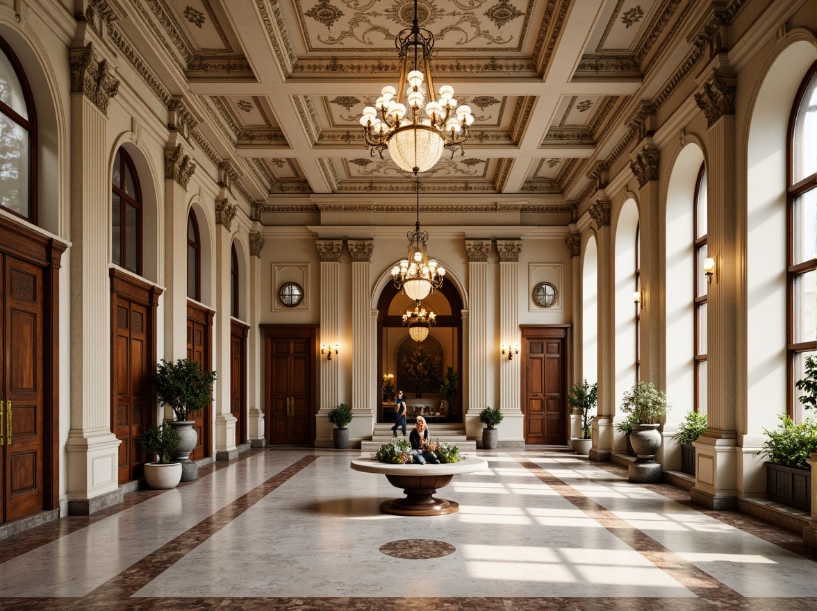 Prompt: Grand neoclassical facade, ornate stone carvings, marble columns, decorative cornices, intricately patterned floors, lavish chandeliers, rich wood paneling, gilded details, cream-colored stucco walls, symmetrical composition, soft natural lighting, shallow depth of field, 1/1 perspective, realistic textures, ambient occlusion.