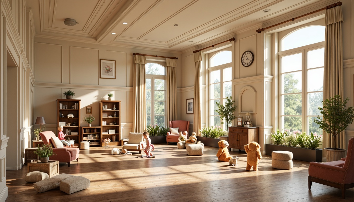 Prompt: Elegant kindergarten interior, classic columns, ornate archways, soft cream-colored walls, polished wooden floors, richly upholstered furniture, vintage-inspired educational toys, antique-style bookshelves, warm beige curtains, delicate floral patterns, subtle gold accents, natural light pouring in through large windows, 1/1 composition, shallow depth of field, realistic textures, ambient occlusion.Please let me know if this meets your requirements!