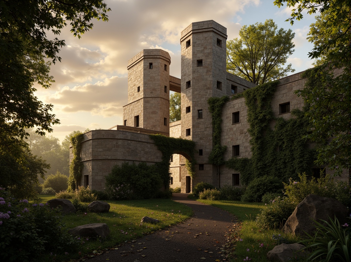 Prompt: Ancient stone towers, rustic arches, weathered brick walls, lush ivy climbers, overgrown vines, moss-covered stones, mysterious forest surroundings, misty morning atmosphere, warm golden lighting, dramatic cloud formations, 3/4 composition, cinematic view, realistic foliage, ambient occlusion.