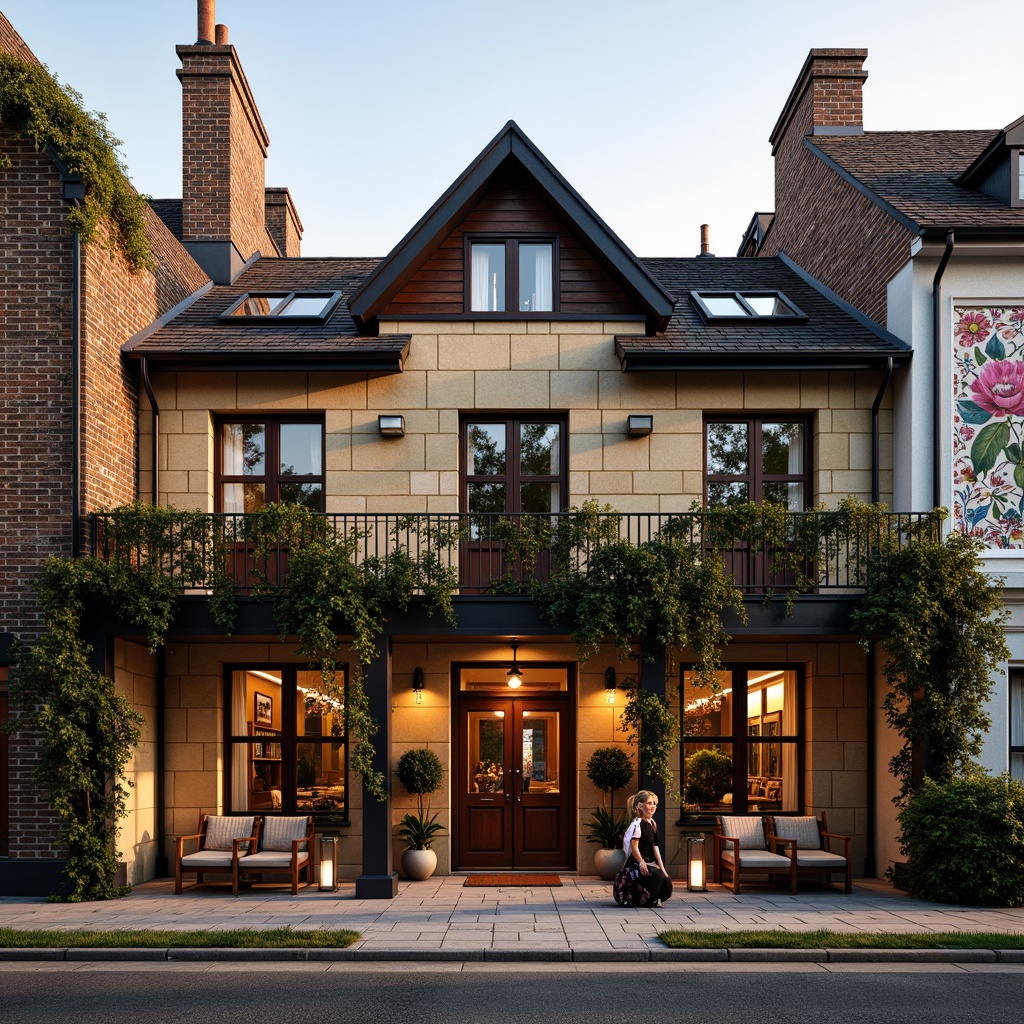 Prompt: Cozy pub social housing facade, warm beige stonework, rustic wooden accents, inviting entranceways, lantern-style lighting, ornate metal railings, lush greenery, climbing vines, blooming flowers, soft warm glow, shallow depth of field, 1/1 composition, realistic textures, ambient occlusion, traditional British architecture, sloping roofs, dormer windows, brick chimneys, natural stone foundations, vibrant colorful murals, eclectic decorative patterns.