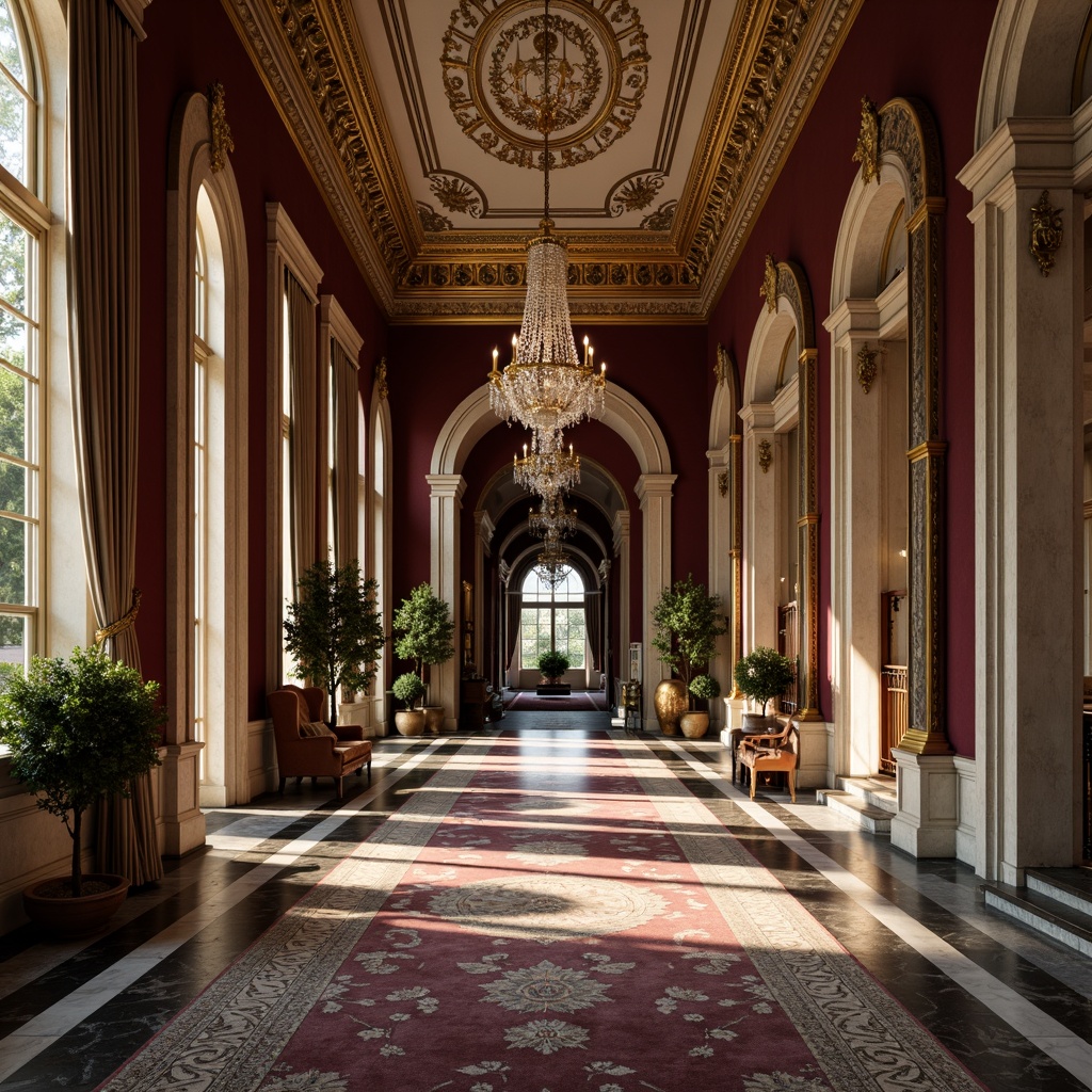 Prompt: Elegant columns, ornate capitals, carved marble facades, polished granite floors, intricately patterned rugs, velvet drapes, gilded moldings, ornamental plasterwork, high ceilings, crystal chandeliers, luxurious furnishings, rich wood paneling, subtle lighting, soft focus, shallow depth of field, 2/3 composition, warm color palette, realistic textures, ambient occlusion.