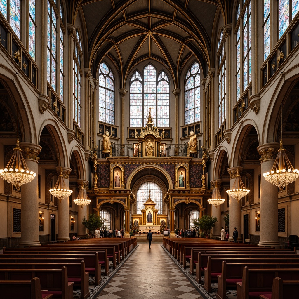 Prompt: Ornate church facade, geometric patterns, metallic materials, crystal chandeliers, stained glass windows, symmetrical composition, grandiose entrance, ornamental gates, sculptures of saints, intricate moldings, gilded accents, luxurious textiles, velvet drapes, marble floors, ornate pews, spiritual ambiance, soft warm lighting, shallow depth of field, 1/1 composition, realistic textures, ambient occlusion.