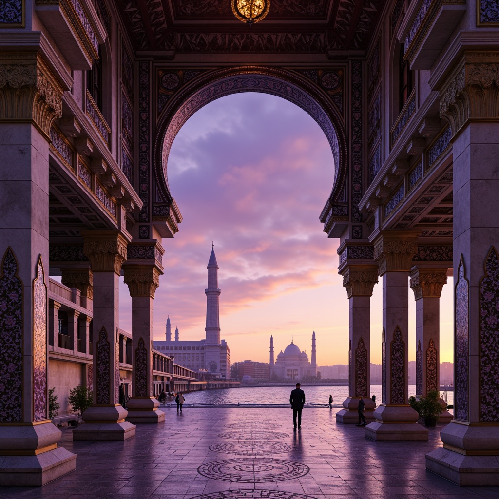 Prompt: Intricate stone carvings, ornate metalwork, grand arches, majestic columns, vibrant mosaics, golden accents, regal purple hues, imposing piers, sweeping curves, dramatic lighting, warm sunset ambiance, atmospheric mist, 1/1 composition, symmetrical framing, high-contrast shadows, detailed textures, ambient occlusion.