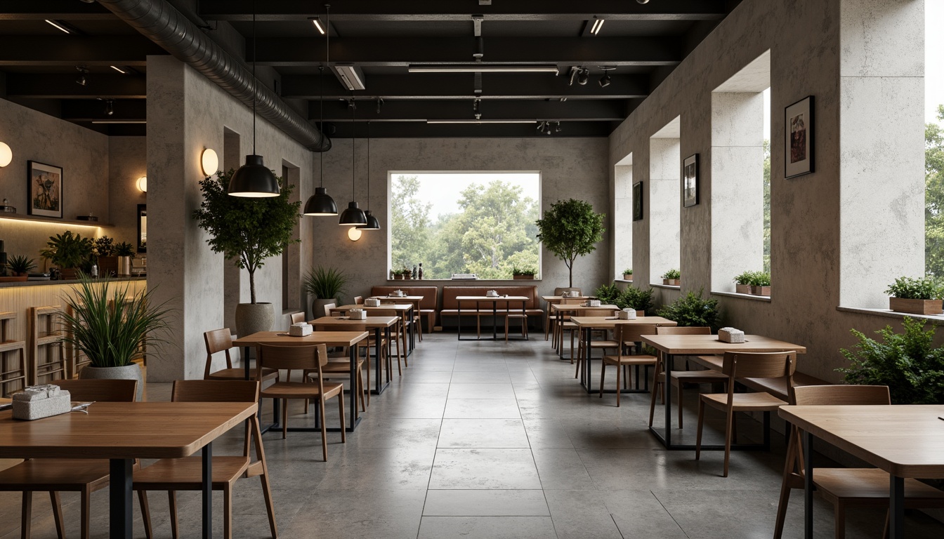 Prompt: Minimalist dining hall, sleek wooden tables, slender metal chairs, simple pendant lamps, monochromatic color scheme, polished concrete floors, natural stone walls, greenery accents, potted plants, modern art pieces, geometric patterns, subtle textures, ambient lighting, 1/1 composition, shallow depth of field, realistic reflections, soft warm glow.