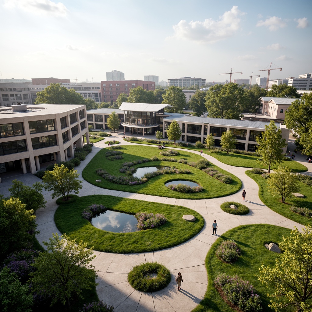 Prompt: Vibrant university campus, lush green spaces, winding pedestrian paths, modern academic buildings, sleek glass facades, cantilevered roofs, outdoor amphitheaters, scenic lookout points, integrated rainwater harvesting systems, permeable pavements, native plant species, blooming flowers, warm sunny day, soft natural lighting, 3/4 composition, shallow depth of field, panoramic view, realistic textures, ambient occlusion.