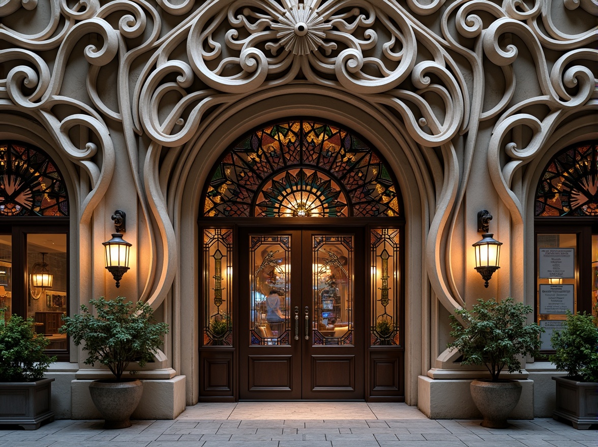 Prompt: Ornate building facade, swirling organic patterns, flowing curves, sinuous lines, fluid shapes, intricate ironwork, grand entrance, majestic doorway, ornamental lanterns, colorful mosaic tiles, stained glass windows, subtle gradations, warm golden lighting, soft focus, shallow depth of field, 1/1 composition, intimate atmosphere, vintage charm.