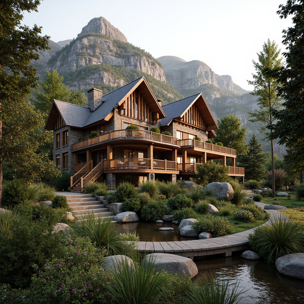 Prompt: Rustic mountain lodge, eclectic exterior design, natural stone facade, wooden accents, steeply pitched roof, verdant greenery, blooming wildflowers, meandering pathways, wooden bridges, babbling brook, serene water features, rugged terrain, dramatic elevation changes, organic curves, asymmetrical composition, warm golden lighting, soft misty atmosphere, realistic textures, ambient occlusion.