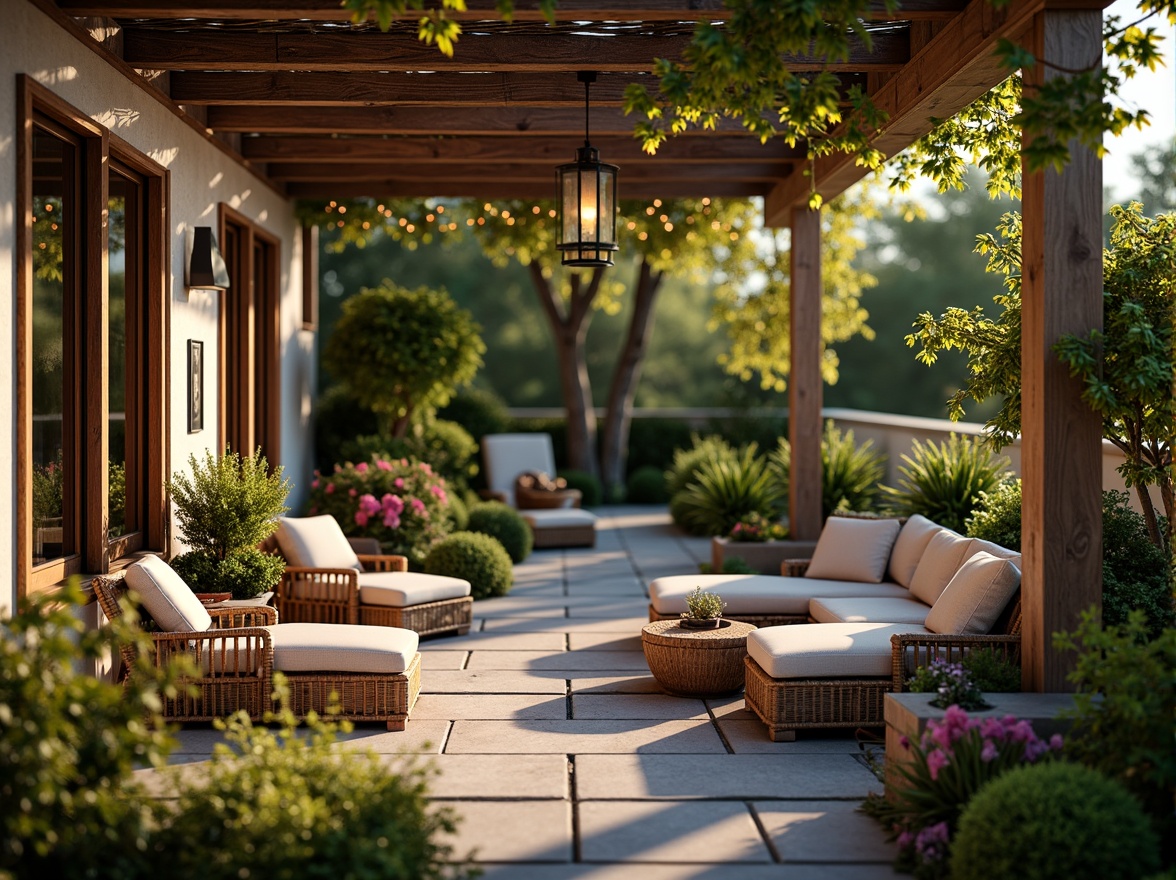 Prompt: Cozy patio, warm string lights, plush outdoor furniture, vibrant greenery, blooming flowers, natural stone flooring, wooden pergola, soft cushions, lantern-style lighting, rustic metal decorations, earthy tone color scheme, serene ambiance, tranquil atmosphere, lush vegetation, sunny afternoon, gentle breeze, 1/1 composition, shallow depth of field, realistic textures.