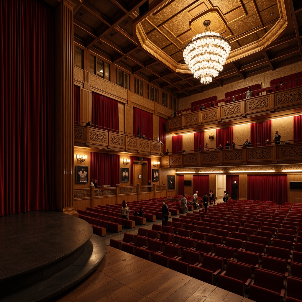 Prompt: Luxurious theater interior, velvet curtains, ornate chandeliers, wooden floorboards, plush seating, acoustic panels, sound-absorbing materials, tiered balconies, intimate stage settings, warm golden lighting, subtle shadows, 1/2 composition, shallow depth of field, realistic textures, ambient occlusion, detailed architectural elements.