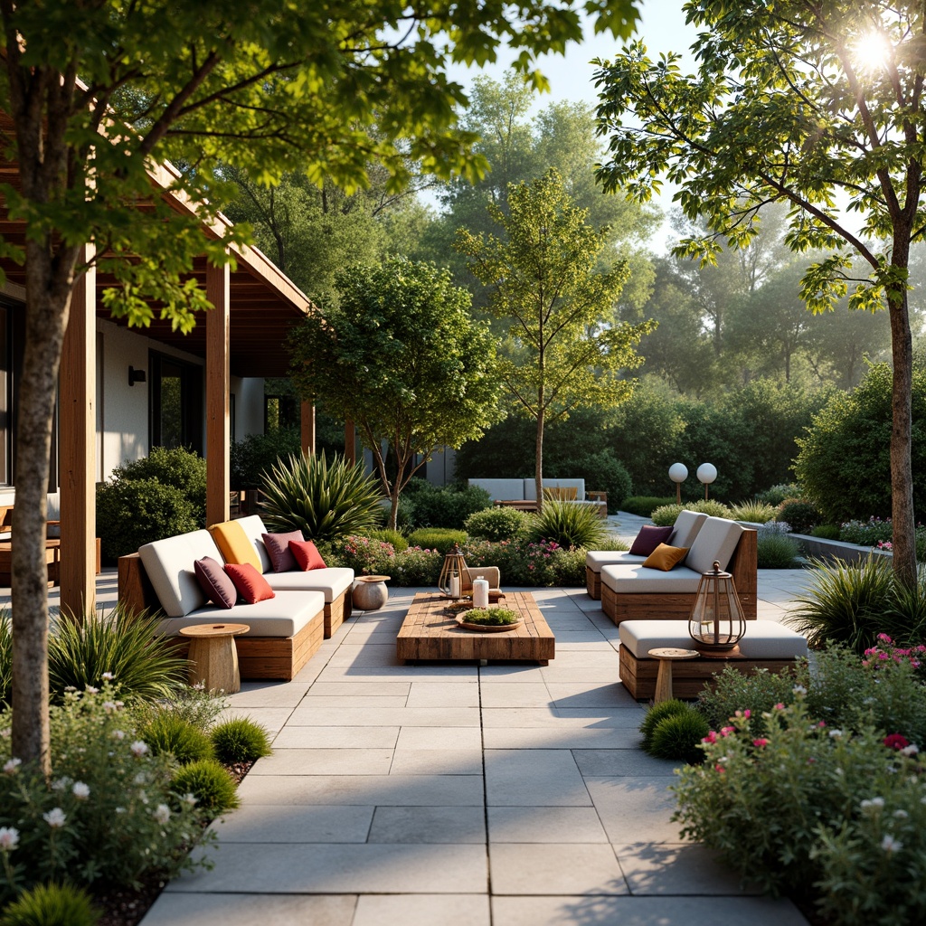 Prompt: Cozy patio, lush greenery, vibrant flowers, comfortable seating, rustic wooden benches, decorative lanterns, soft warm lighting, natural stone flooring, modern outdoor furniture, colorful throw pillows, refreshing water features, serene ambiance, gentle breeze, warm sunny day, shallow depth of field, 3/4 composition, panoramic view, realistic textures, ambient occlusion.