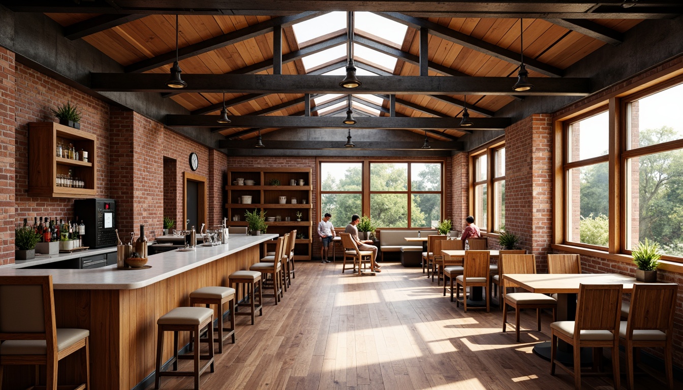 Prompt: Spacious bar interior, warm wood accents, rustic brick walls, polished wooden floors, cozy atmosphere, abundant natural light, large windows, clerestory windows, skylights, minimalist decor, industrial metal beams, reclaimed wood shelves, earthy color palette, soft warm lighting, subtle shadows, 1/2 composition, realistic textures, ambient occlusion.