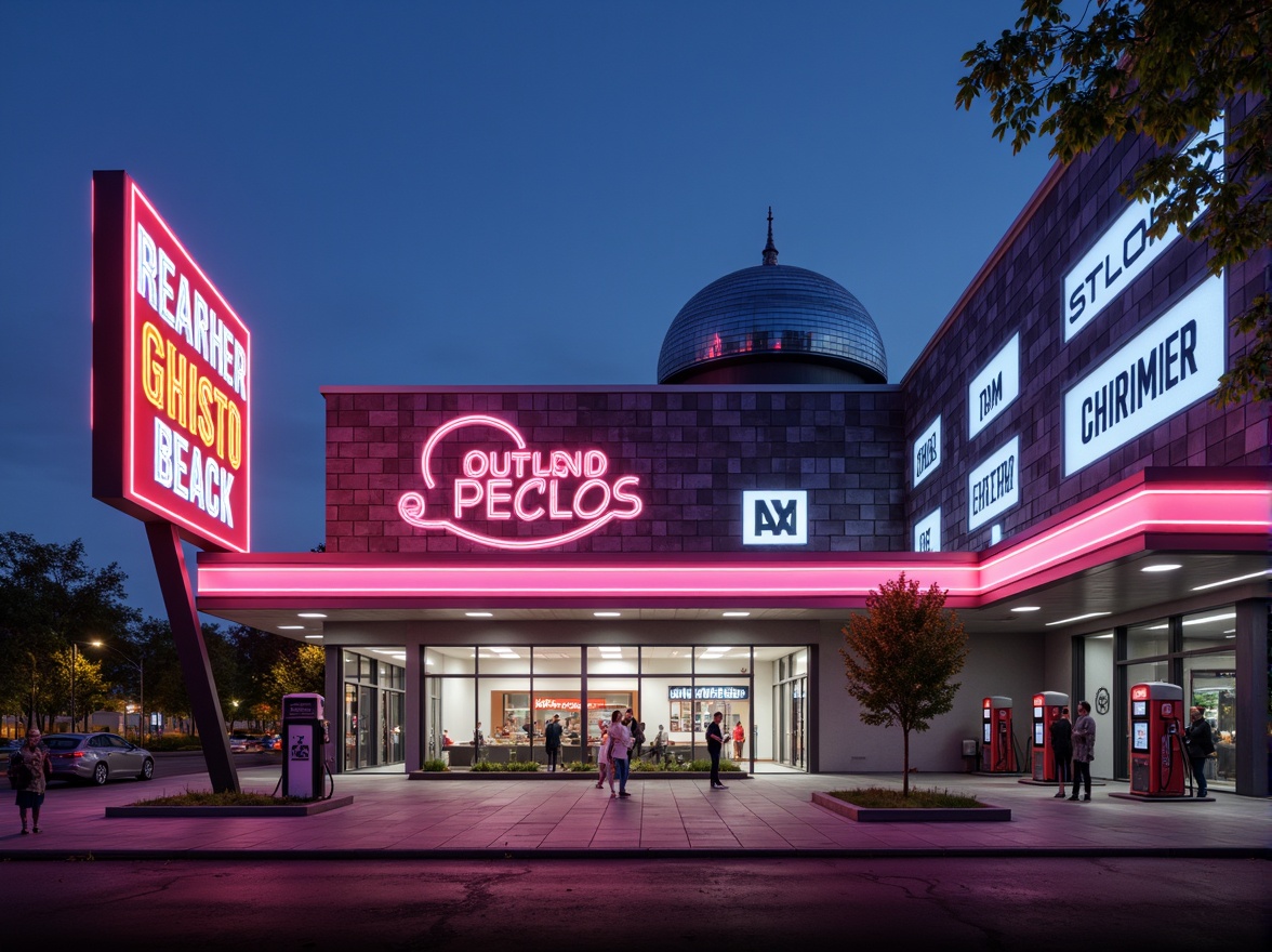 Prompt: Vibrant neon signs, retro-futuristic gas pumps, sleek metallic surfaces, bold typography, geometric patterns, industrial-chic architecture, modernist angular lines, minimalist aesthetic, monochromatic color scheme, pastel hues, bold contrasting accents, LED lighting, urban cityscape, evening twilight atmosphere, shallow depth of field, 1/1 composition, cinematic realism, detailed textures, ambient occlusion.