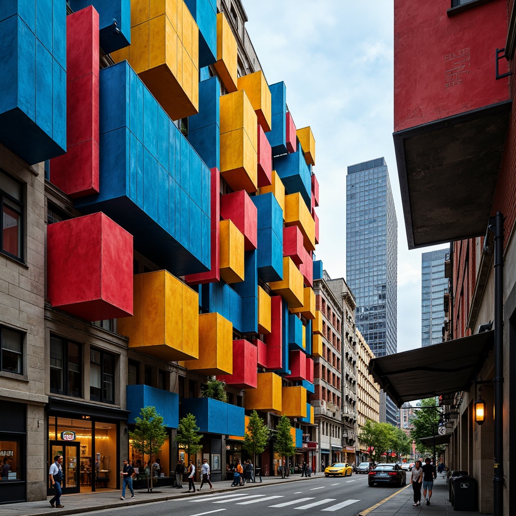 Prompt: Vibrant constructivist architecture, bold geometric shapes, primary color palette, red accents, blue undertones, yellow highlights, abstract patterns, industrial materials, exposed steel beams, concrete textures, urban cityscape, busy streets, modern skyscrapers, dynamic lighting, high contrast ratio, 1/2 composition, dramatic shadows, futuristic atmosphere.