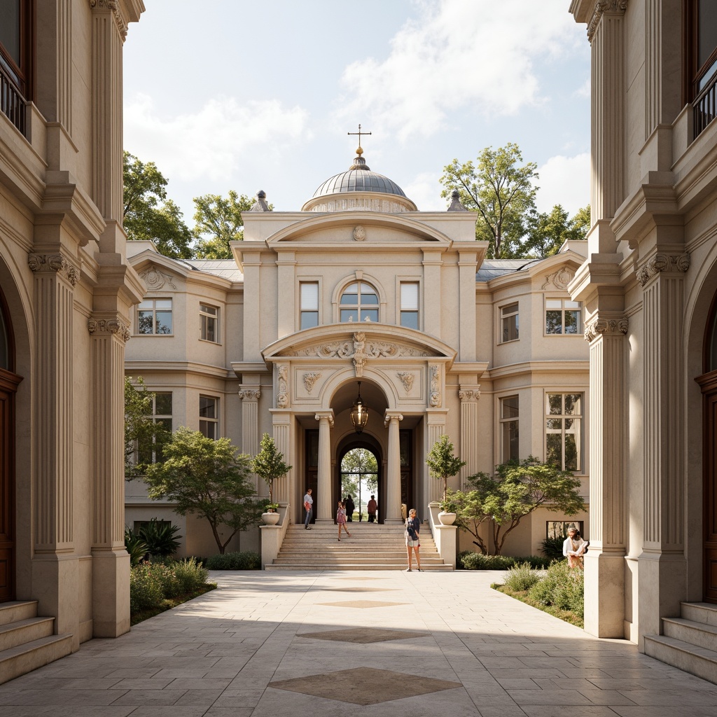 Prompt: Elegant classical architecture, symmetrical facade, balanced proportions, ornate details, grand entrance, sweeping staircases, polished marble floors, stately columns, arches, domed roofs, subtle color palette, soft natural light, warm golden tones, realistic textures, ambient occlusion, shallow depth of field, 3/4 composition, panoramic view.