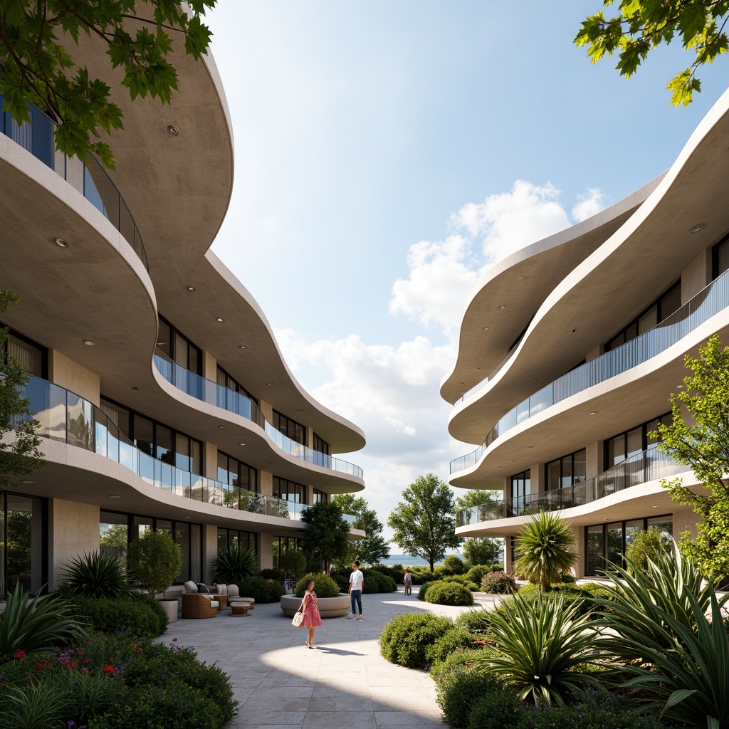 Prompt: Undulating roofs, flowing curves, organic shapes, futuristic architecture, sleek metallic surfaces, iridescent glass facades, wavy lines, minimalist interiors, natural stone walls, lush greenery, tropical plants, warm sunny day, soft diffused lighting, shallow depth of field, 1/1 composition, panoramic view, realistic textures, ambient occlusion.