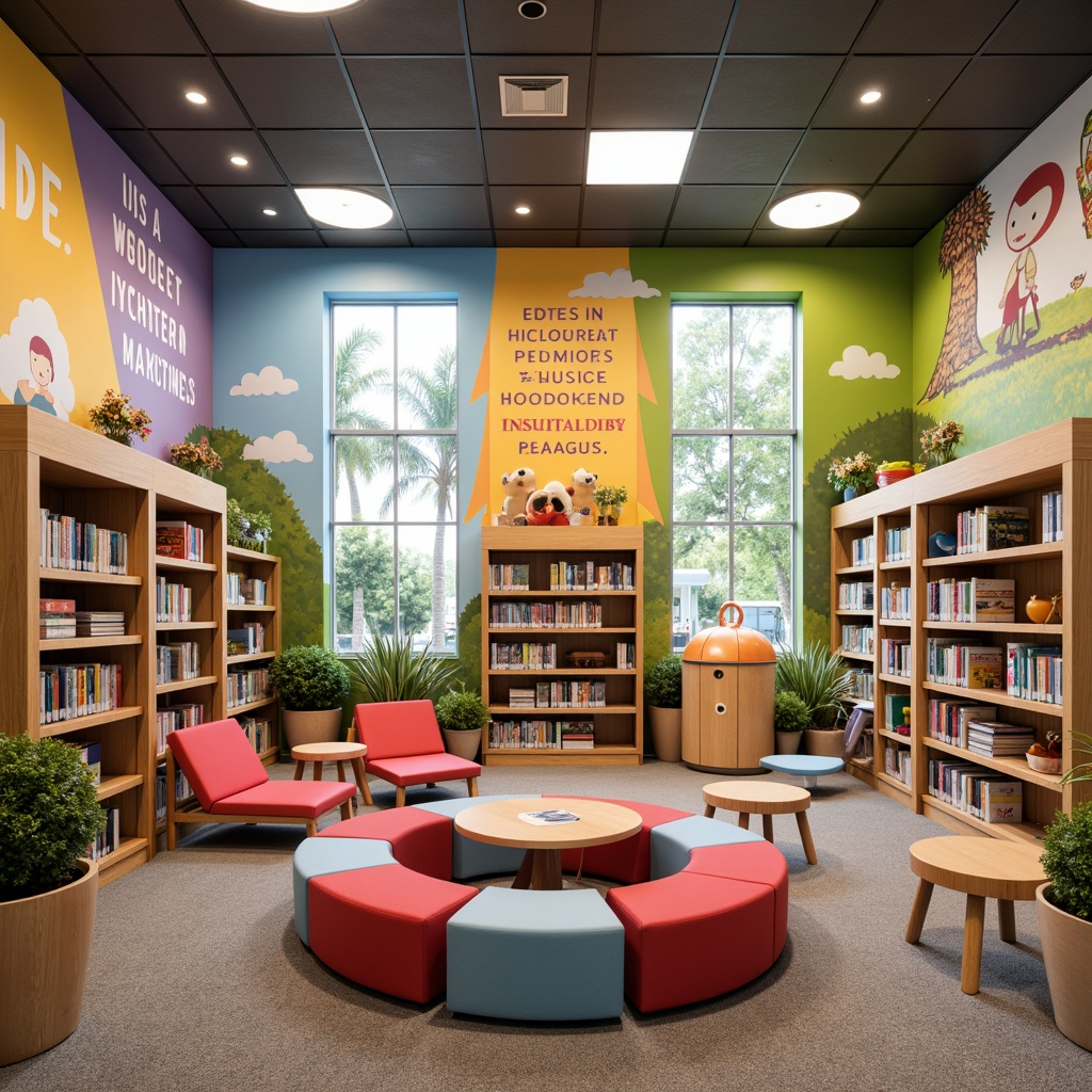 Prompt: Vibrant children's library, playful bookshelves, whimsical reading nooks, colorful murals, inspirational quotes, interactive exhibits, educational toys, discovery corners, imaginative play structures, soft carpet flooring, natural wood accents, circular tables, ergonomic chairs, abundant natural light, warm cozy atmosphere, shallow depth of field, 1/2 composition, realistic textures, ambient occlusion.