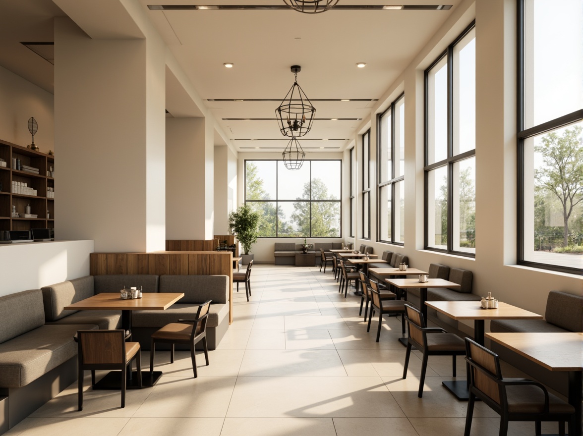 Prompt: Monochromatic dining hall, sleek minimalist decor, soft cream walls, warm beige floors, matte black tables, slender metal chairs, subtle wood accents, geometric pendant lights, floor-to-ceiling windows, natural daylight, ambient shadows, shallow depth of field, 1/1 composition, realistic textures, soft focus blur, warm neutral colors, earthy tone, calm atmosphere.