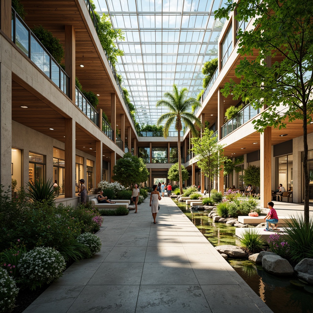 Prompt: Vibrant shopping mall, lush green roofs, natural stone walls, wooden accents, modern architecture, large skylights, glass ceilings, blooming flowers, tropical plants, serene water features, koi ponds, walking paths, outdoor seating areas, shaded courtyards, warm lighting, shallow depth of field, 3/4 composition, panoramic view, realistic textures, ambient occlusion.