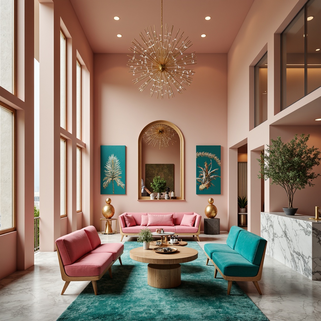 Prompt: Vibrant modern interior, sleek furniture, pastel color scheme, soft peach walls, rich turquoise accents, metallic gold decor, marble countertops, luxurious velvet fabrics, dramatic chandelier lighting, shallow depth of field, 1/1 composition, realistic textures, ambient occlusion.