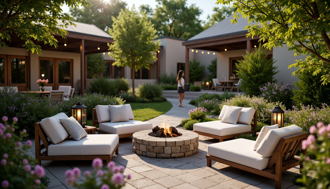 Prompt: Cozy patio furniture, lush greenery, vibrant blooming flowers, natural stone pavers, wooden decks, rustic lanterns, warm string lights, soft cushions, outdoor heaters, fire pit, crackling flames, serene ambiance, afternoon sunlight, gentle breeze, 1/1 composition, shallow depth of field, realistic textures, ambient occlusion.