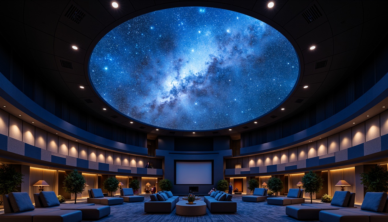 Prompt: Cosmic planetarium interior, starry night sky projection, spherical dome ceiling, comfortable seating areas, sound-absorbing panels, acoustic diffusers, reverberation-reducing materials, dark color scheme, soft ambient lighting, surround sound systems, 3D audio technology, immersive audio experiences, minimal echo, clear vocal clarity, optimal speaker placement, frequency response optimization, realistic sound effects, space-themed decor, nebula-inspired patterns, futuristic ambiance, high-tech equipment displays.