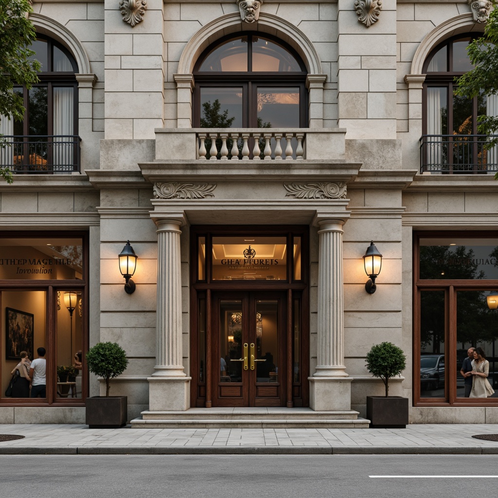 Prompt: Grandiose office building, ornate classicism facade, Corinthian columns, arched windows, rusticated walls, limestone exterior, symmetrical composition, majestic entrance, bronze door handles, elegant lanterns, refined stonework, subtle molding details, soft warm lighting, shallow depth of field, 1/2 composition, realistic textures, ambient occlusion.