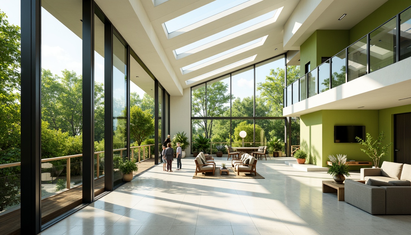 Prompt: Vibrant modern interior, floor-to-ceiling windows, sliding glass doors, transparent roofing, clerestory windows, skylights, solar tubes, minimalist decor, reflective surfaces, glossy flooring, bright color scheme, airy atmosphere, spacious open-plan living area, green walls, lush indoor plants, morning sunlight, warm soft lighting, 1/1 composition, high-angle shot, realistic textures, ambient occlusion.