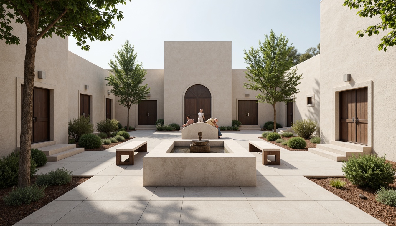 Prompt: Simple monastery courtyard, plain stone walls, minimalist fountain, sparse greenery, monastic cells, wooden benches, rustic doors, steel windows, concrete floors, industrial lighting, muted color palette, geometric shapes, clean lines, functional design, brutalist architecture, subtle texture details, soft natural light, shallow depth of field, 1/1 composition, realistic render.