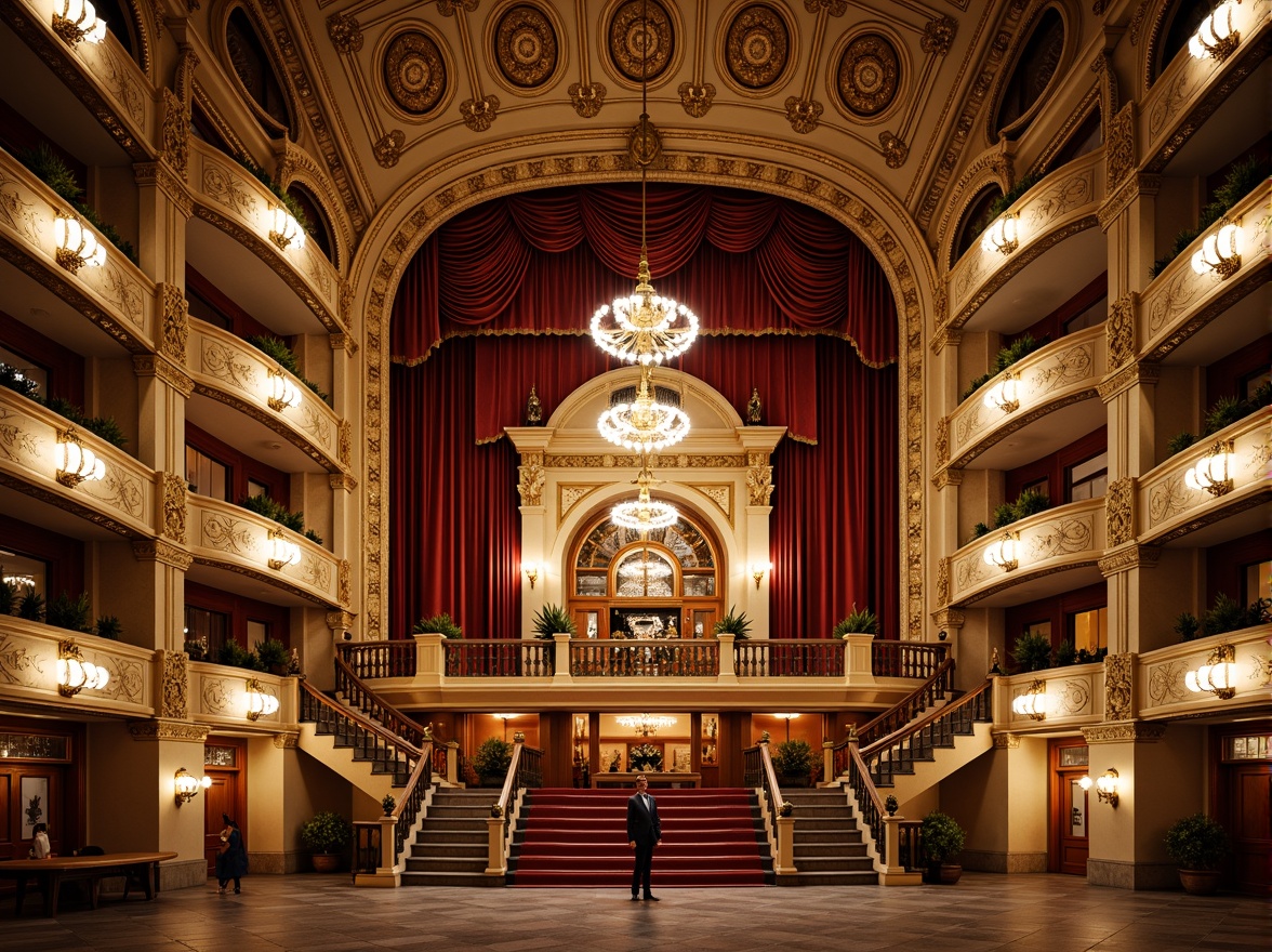 Prompt: Grandiose opera house, ornate facade detailing, sweeping arches, majestic columns, intricately carved stonework, gilded accents, opulent balconies, grand staircases, lavish chandeliers, velvet drapes, rich wood paneling, polished marble floors, dramatic spotlights, warm golden lighting, 1/2 composition, symmetrical framing, ornate moldings, Baroque-inspired ornamentation, intricate stucco patterns, luxurious textiles, majestic urban landscape, vibrant city nightlife.