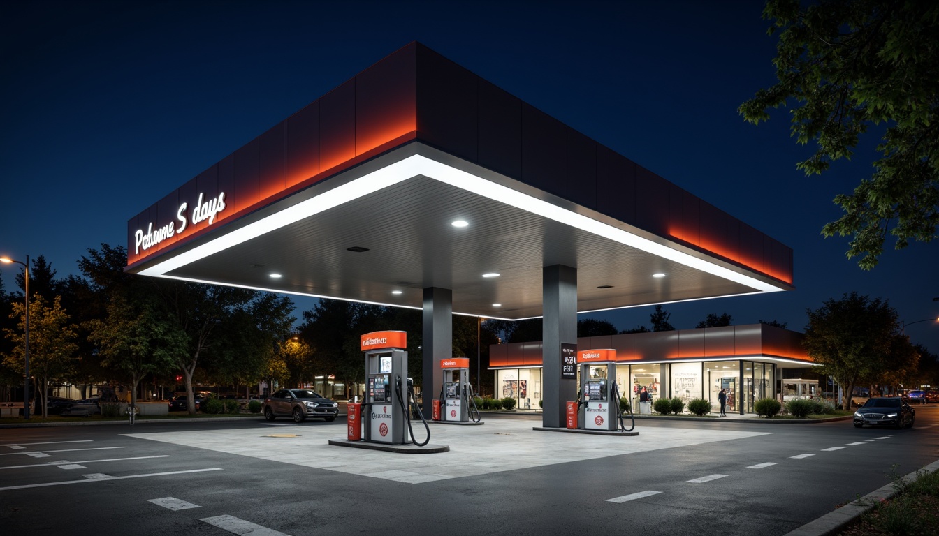 Prompt: Gas station modernism design, sleek metal canopy, neon signage, LED strip lights, warm white lighting, industrial concrete flooring, minimalist architecture, angular lines, geometric shapes, functional layout, urban cityscape, nighttime scene, dramatic shadows, high-contrast lighting, cinematic atmosphere, realistic reflections, ambient occlusion, 1/2 composition, shallow depth of field, wide-angle lens.