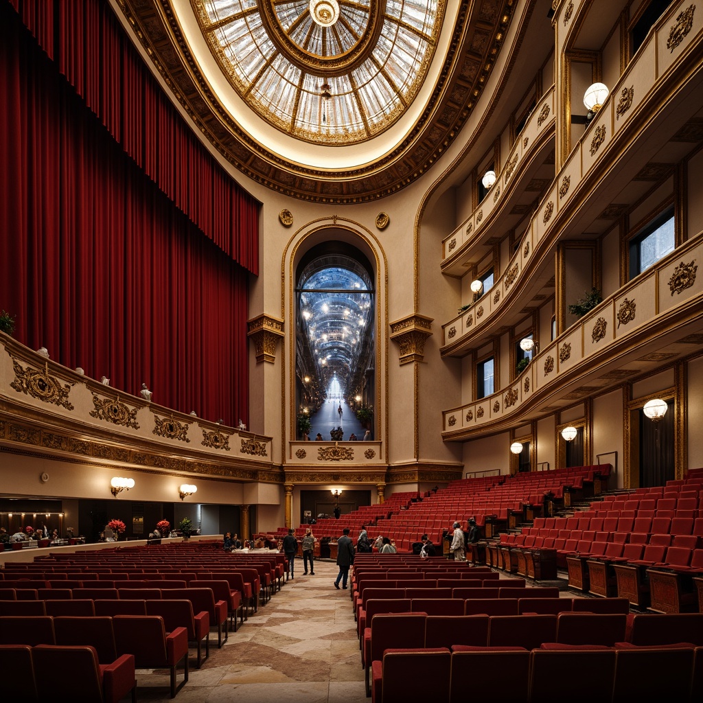 Prompt: Grand opera house, ornate details, majestic columns, sweeping arches, opulent chandeliers, red velvet curtains, golden accents, intricate moldings, grand staircases, marble floors, crystal glass ceilings, dramatic lighting, spotlights, 3/4 composition, low-angle shot, cinematic atmosphere, luxurious textiles, rich wood tones, acoustic panels, sound-absorbing materials, futuristic LED lights, dynamic projections, immersive experience, urban cityscape, nighttime scenery, misty fog effect, shallow depth of field.