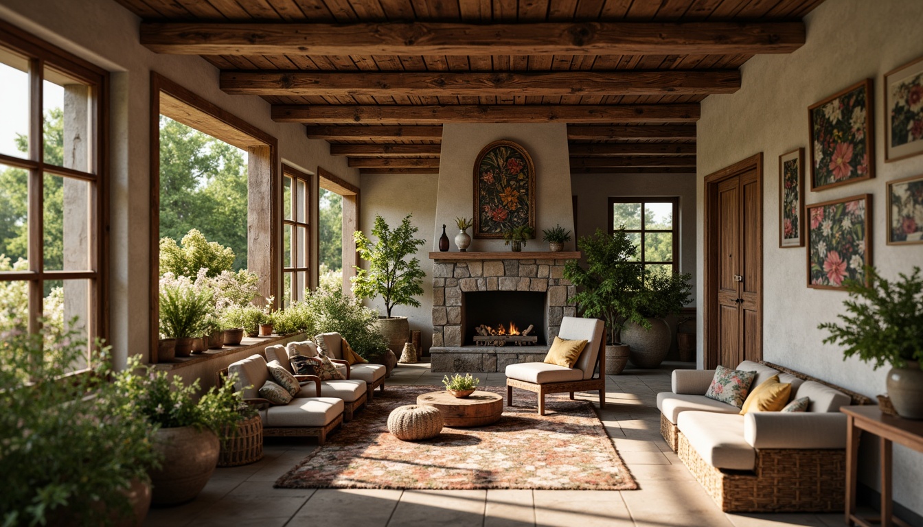 Prompt: Rustic farmhouse, distressed wood textures, vintage metal decorations, ornate ceramic tiles, floral patterns, earthy color palette, natural stone walls, wooden beam ceilings, antique furniture, woven wicker baskets, lush greenery, blooming wildflowers, sunny afternoon, soft warm lighting, shallow depth of field, 3/4 composition, realistic renderings, ambient occlusion.