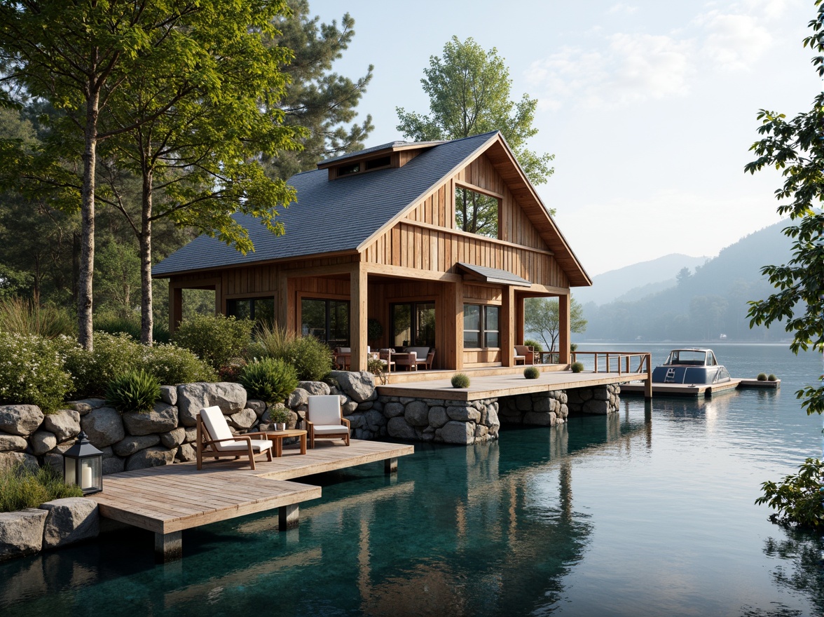 Prompt: Waterfront boathouse, rustic wooden docks, serene lake views, warm beige tones, earthy brown accents, calming blue hues, nautical navy blues, crisp white trim, vintage marine lanterns, natural stone foundations, lush greenery surroundings, sunny afternoon lighting, soft misty atmosphere, 1/2 composition, subtle texture overlay.