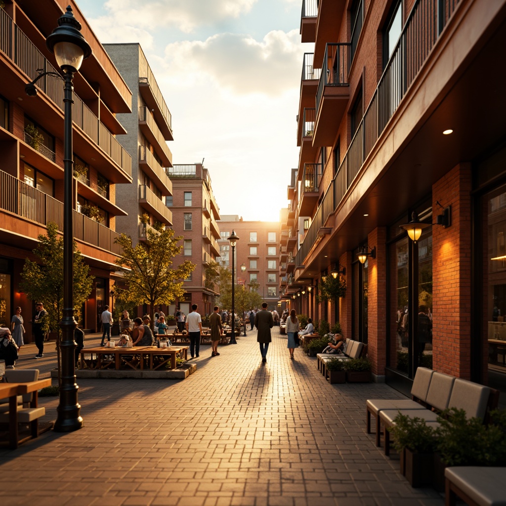 Prompt: Warm urban streets, golden sunset hues, rich terracotta buildings, vibrant street art, bustling city squares, ornate metal lamp posts, rustic wooden benches, earthy tone pavement, cozy cafe seating areas, modern industrial architecture, exposed brick walls, metallic accents, warm LED lighting, shallow depth of field, 1/1 composition, realistic textures, ambient occlusion.