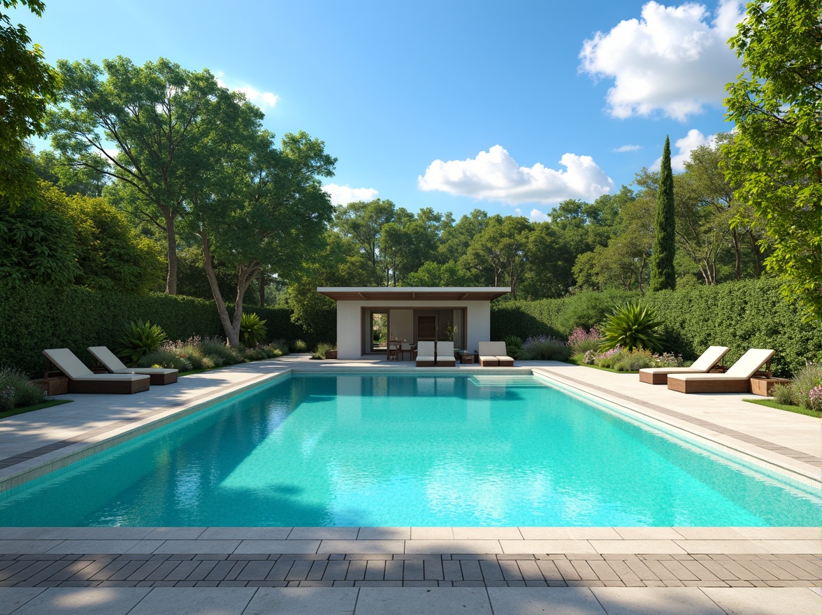 Prompt: Vibrant turquoise pool water, sleek modern pool design, sunny day, clear blue sky, lush greenery surroundings, natural stone coping, ceramic tile accents, warm beige deck chairs, refreshing outdoor ambiance, soft warm lighting, shallow depth of field, 3/4 composition, panoramic view, realistic textures, ambient occlusion.