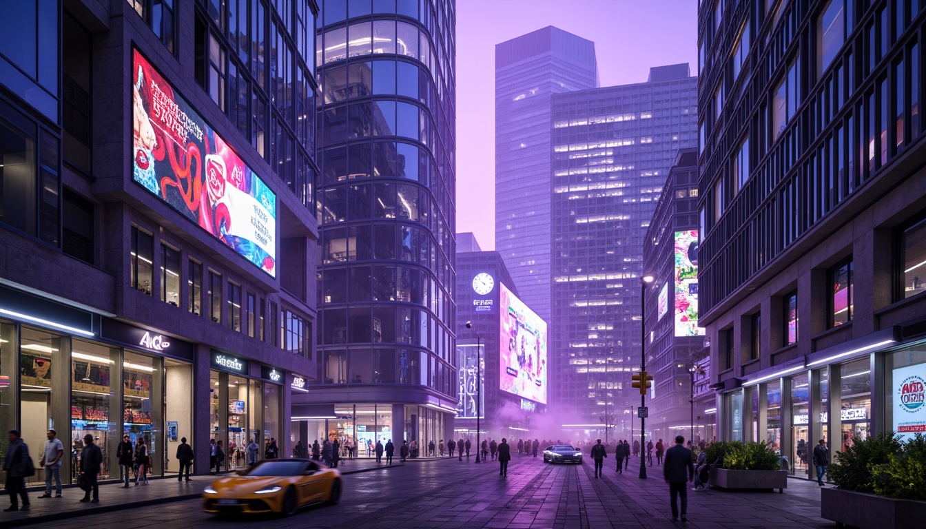 Prompt: Futuristic cityscape, neon-lit skyscrapers, iridescent glass facades, holographic advertisements, cyberpunk alleys, metallic buildings, LED light installations, vibrant purple hues, electric blue accents, bright green highlights, silver chrome details, glowing white lines, abstract geometric patterns, 3D-printed structures, augmented reality displays, dynamic shading, high-tech materials, sleek minimalist design, atmospheric mist, softbox lighting, shallow depth of field, cinematic composition.