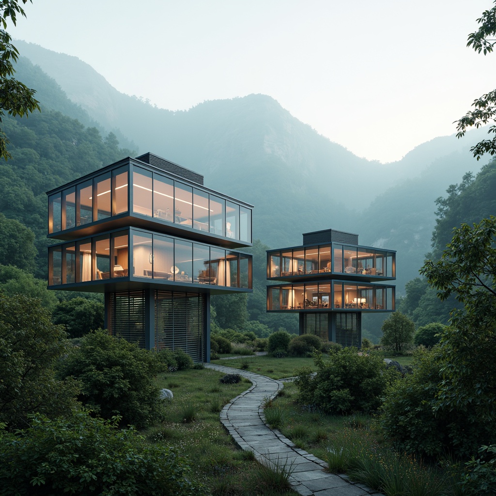 Prompt: Ethereal watching tower, transparent glass walls, minimalist steel framework, sleek modern architecture, 360-degree panoramic views, misty mountainous surroundings, lush green forests, winding stone pathways, rustic wooden accents, ambient natural light, soft warm glow, shallow depth of field, 3/4 composition, realistic reflective surfaces, subtle gradient overlays.