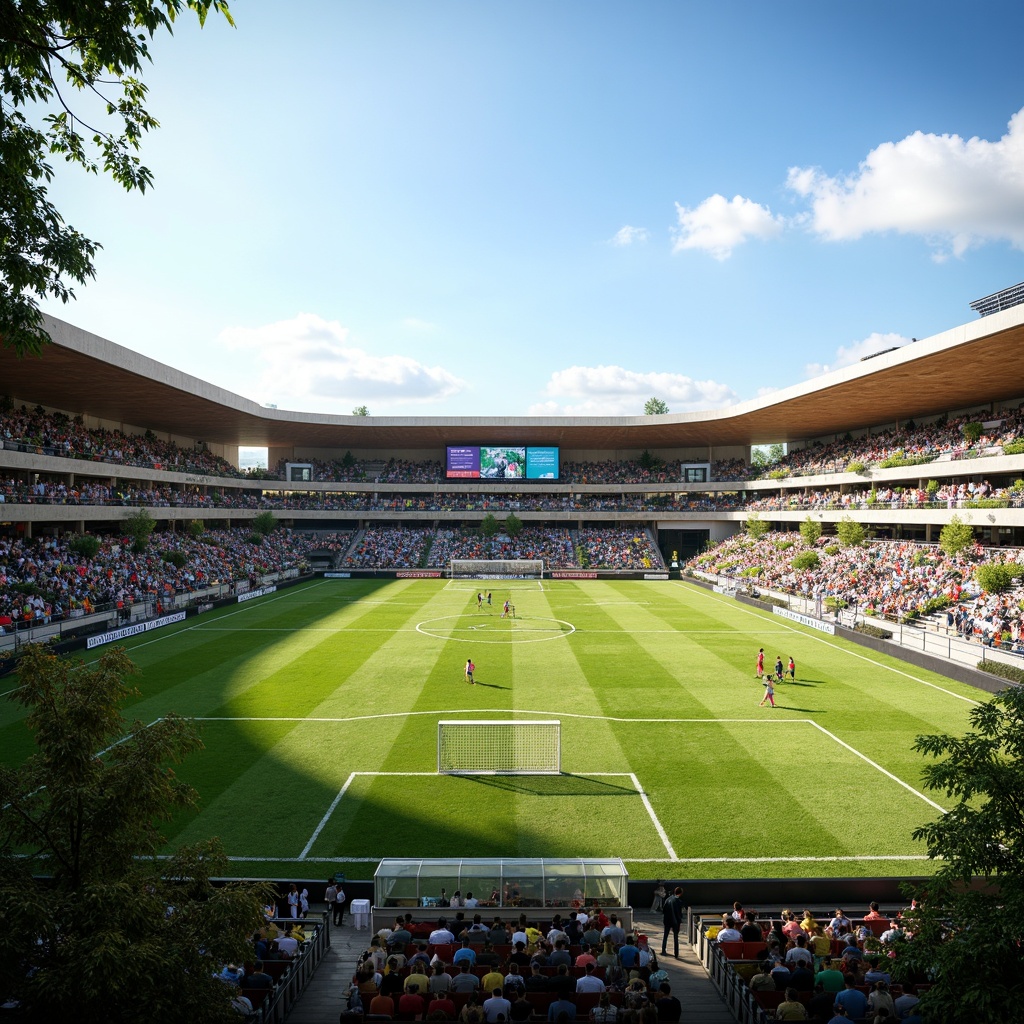 Prompt: Eco-friendly stadium, recycled plastic seating, natural grass turf, organic soil composition, rainwater harvesting systems, solar-powered lighting, energy-efficient scoreboard displays, reclaimed wood bleachers, low-carbon concrete structures, green roofs, living walls, urban agriculture integration, vibrant team colors, dynamic crowd atmosphere, sunny day, soft warm lighting, shallow depth of field, 3/4 composition, panoramic view, realistic textures, ambient occlusion.