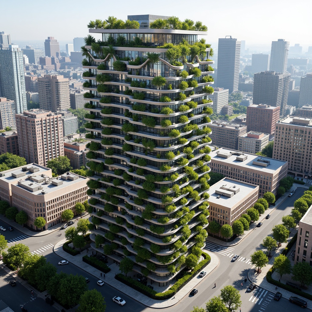 Prompt: Eco-friendly skyscraper, lush green roofs, solar panels, wind turbines, rainwater harvesting systems, recycled materials, low-carbon footprint, natural ventilation, large windows, minimal shading devices, optimized energy efficiency, sustainable urban planning, vibrant cityscape, bustling streets, modern architecture, sleek metallic fa\u00e7ades, angular lines, futuristic design, panoramic views, shallow depth of field, 3/4 composition, realistic textures, ambient occlusion.