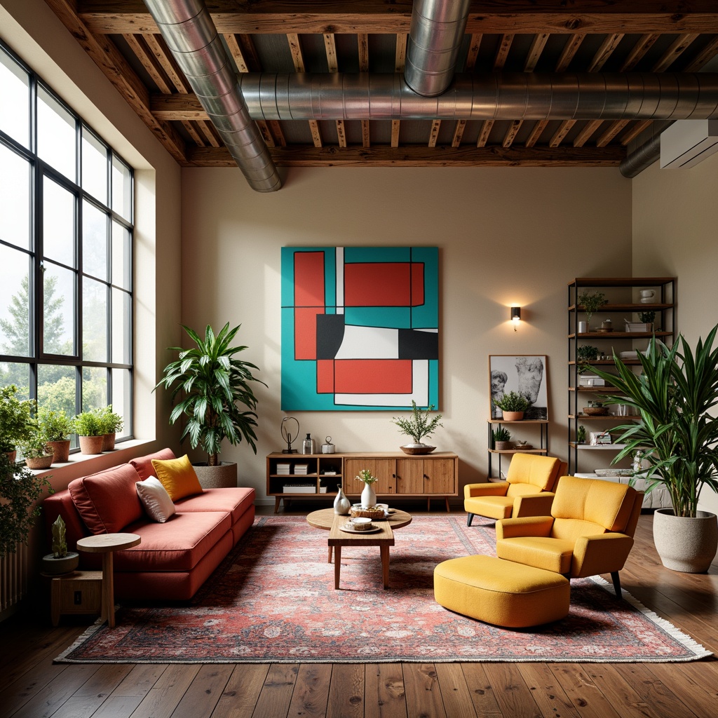 Prompt: Vibrant artistic studio, eclectic furniture, bold color blocks, contrasting textures, modern abstract art, natural wood accents, industrial metal beams, large windows, soft diffused lighting, warm beige walls, rich turquoise accents, deep crimson hues, creamy whites, bold black outlines, 3/4 composition, atmospheric perspective, realistic shadows, ambient occlusion.