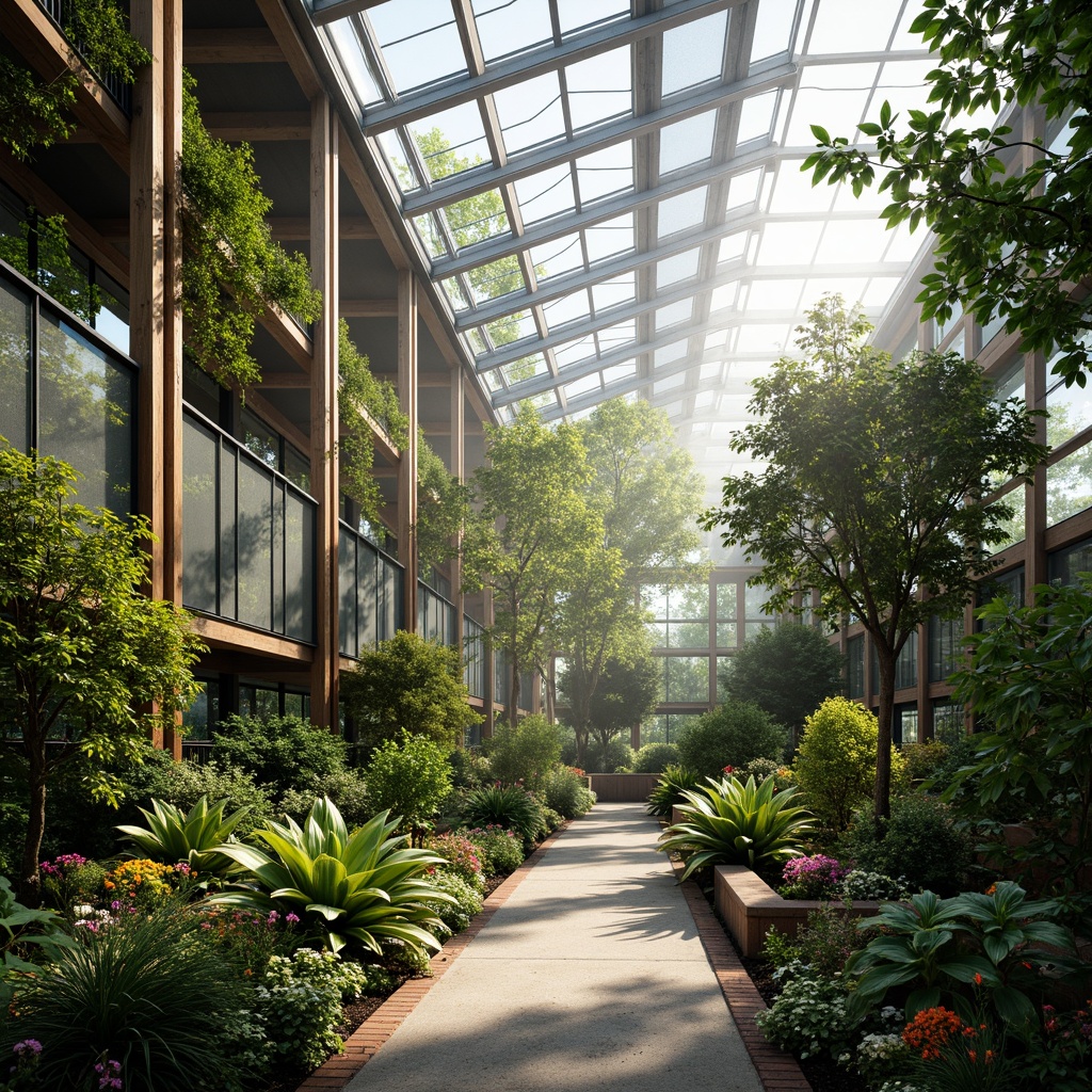 Prompt: Lush greenhouse interior, abundant natural light, transparent glass roof, clerestory windows, sliding glass doors, steel frames, modern minimalist design, tropical plants, vibrant flowers, misting system, automatic irrigation, wooden benches, stone pathways, rustic decorative elements, warm soft lighting, shallow depth of field, 1/1 composition, realistic textures, ambient occlusion.